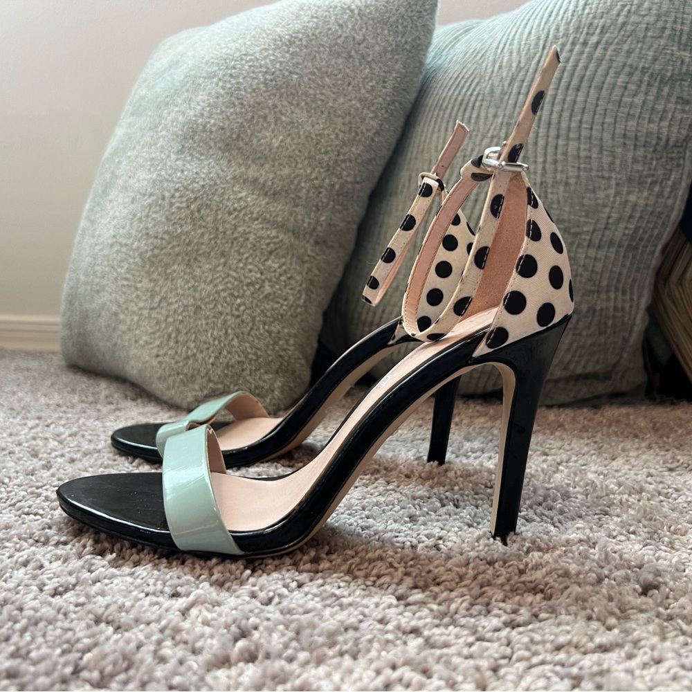 Aldo Black and Cream Polka Dot Mint Strap Stiletto High Heels 6.5 37
